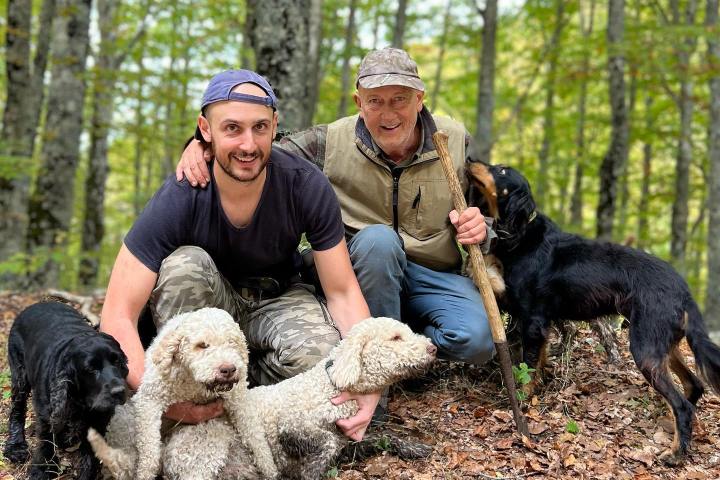 a group of people in a forest