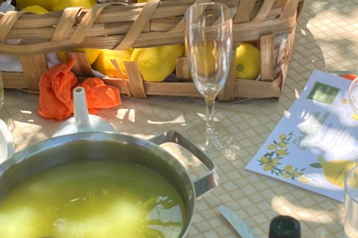 Table with lemons in a basket, pot of yellow liquid, and empty glassware.