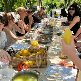 Group of people dining outdoors at a table with lemons and drinks.