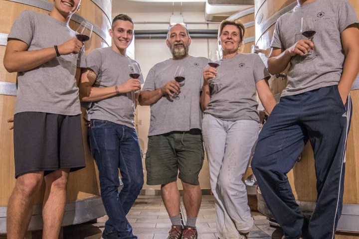Group of five people in casual wear holding wine glasses in a winery.