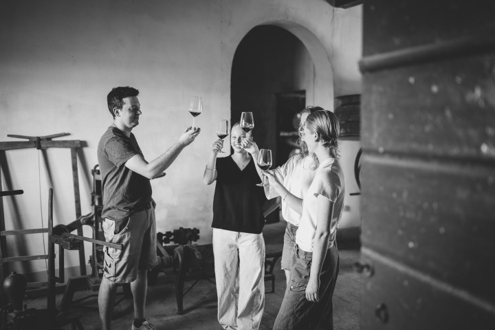 Four people toasting with wine glasses in a rustic room.
