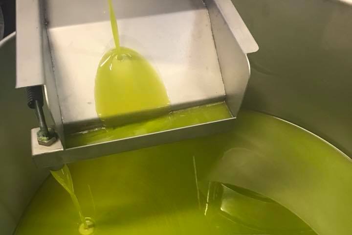 Green liquid pouring into a large metal container.