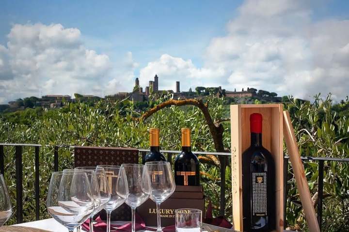 Wine bottles and glasses on outdoor table with scenic background.