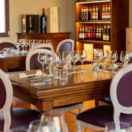 Bottles of Vernaccia DOCG and Super Tuscan wines lined up for a tasting