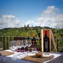 Tuscan wine tasting spread with cheeses, salami, and bruschetta in San Gimignano