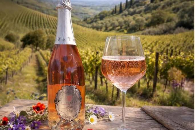 Sparkling rosé wine bottle and glass on a table in a vineyard landscape.