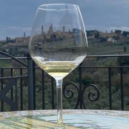 Glass of white wine on a table with scenic landscape in background.