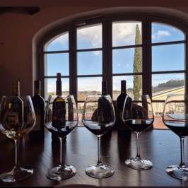 Wine glasses and bottles on a table with a window view of a landscape.