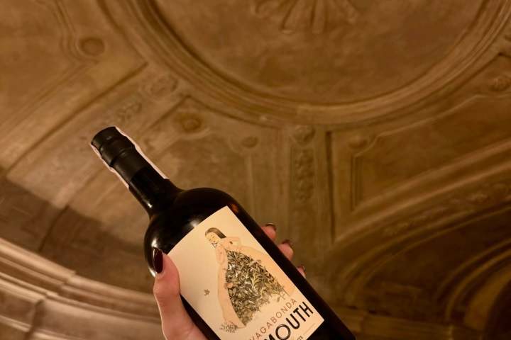 Hand holding a vermouth bottle under an ornate ceiling.