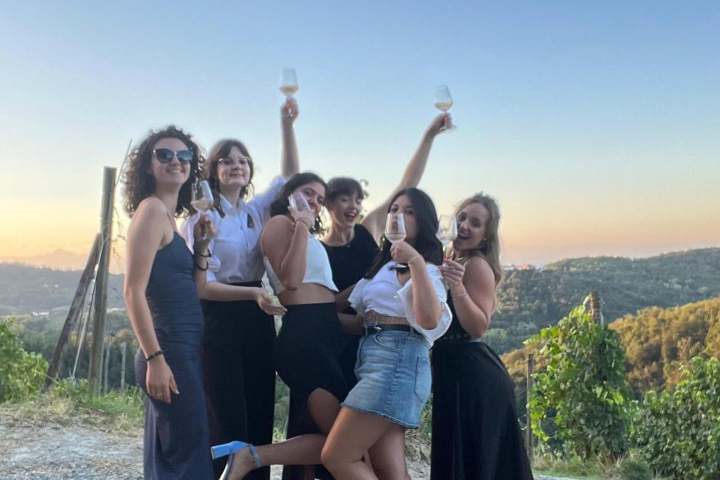 Group of six women celebrating outdoors at sunset with drinks.