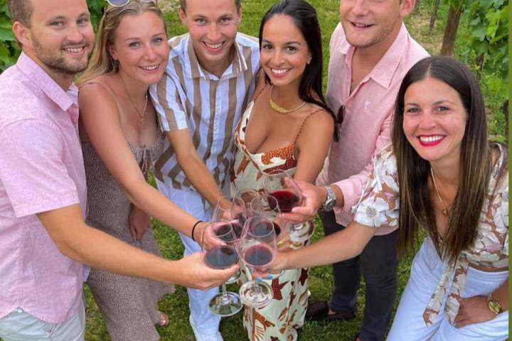 Group of six people smiling and toasting with wine glasses in a vineyard.