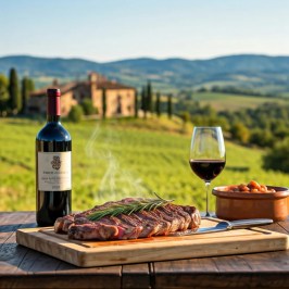 Steak and wine on a table with a scenic countryside backdrop.