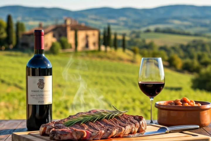 Steak and wine on a table with a scenic countryside backdrop.