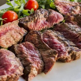 Sliced grilled steak with arugula and cherry tomatoes on a plate.