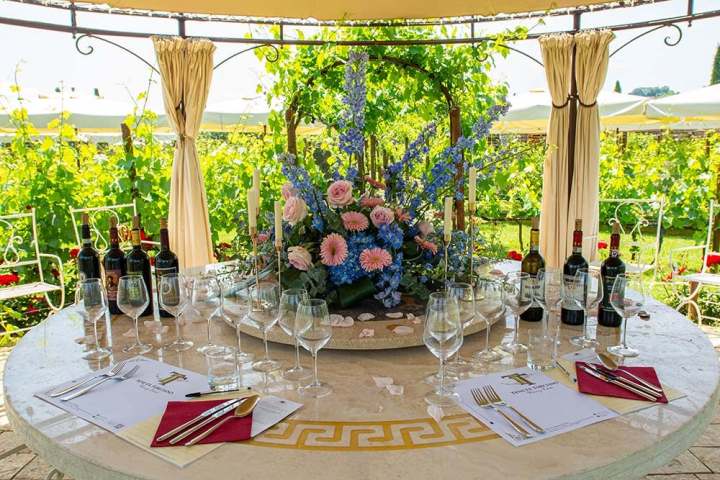 Outdoor table set with wine glasses, bottles, and a floral centerpiece under a pergola in a vineyard setting.