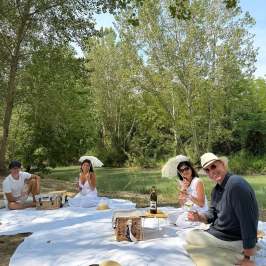 Four people enjoying a picnic on blankets under trees with parasols.