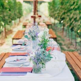 Outdoor table set with flowers and menus under a vine canopy.